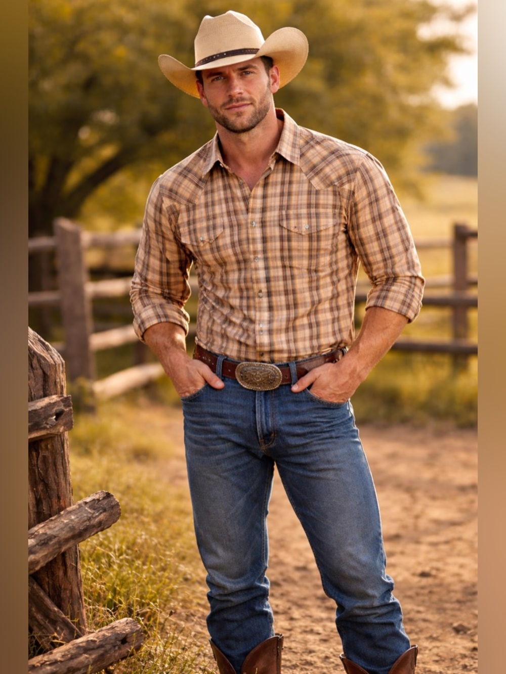 ROPER Men's Cream Orange Plaid Western Button-Down Shirt L